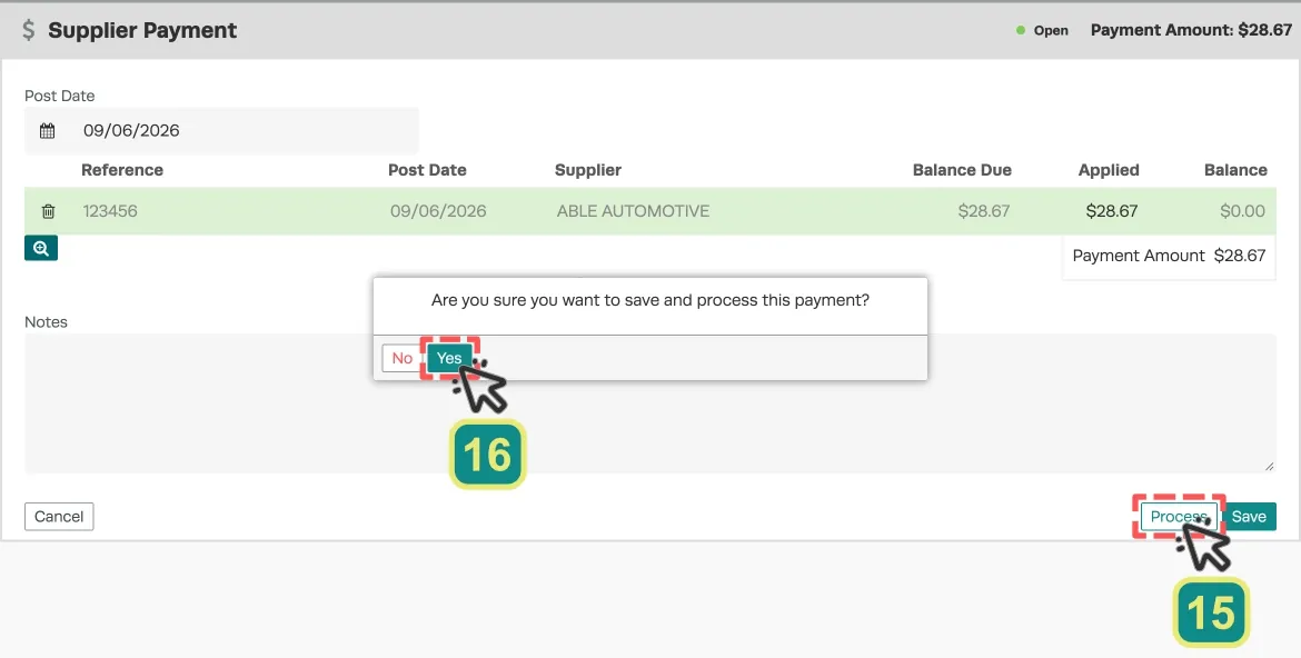 A screenshot of the Supplier Payment page and the Confirmation Pop Up, numbers indicate to choose Process then Yes in the resulting pop up.
