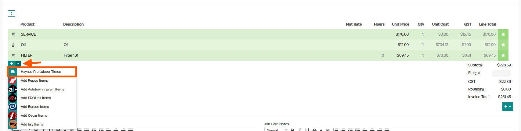 Workshop Software workshopdata labour time lookup showing haynespro labour times from the dropdown