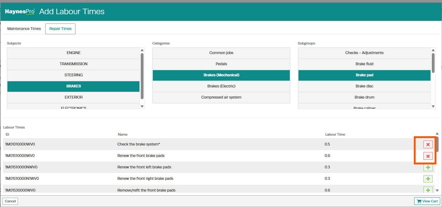 Workshop Software screen showing add tasks to the job select the relevant labour tasks