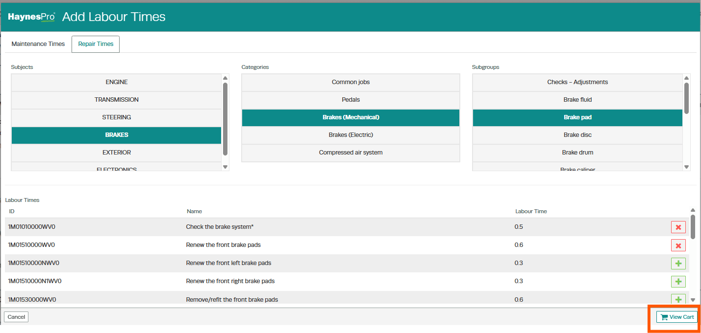 Workshop Software workshopdata labour time lookup showing view cart to review your selections