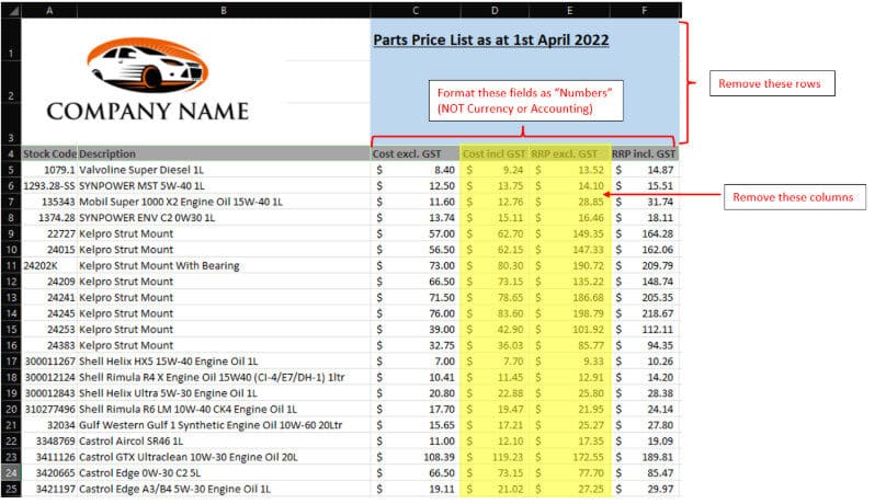 Workshop Software screen showing all columns with prices need to be in the format of ‘numbers’ not ’accounting…