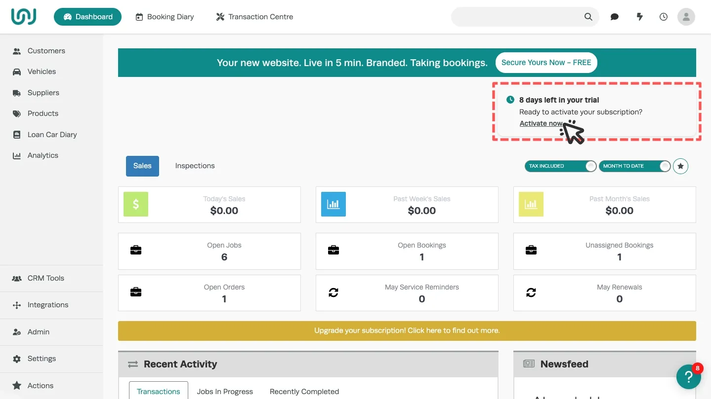 A screenshot of Workshop Software’s Dashboard. A red dashed callout box surrounds a message “8 days left in your trial, Ready to activate your subscription?, Activate Now”. An icon of a mouse cursor indicating a click is located over “Activate Now”.
