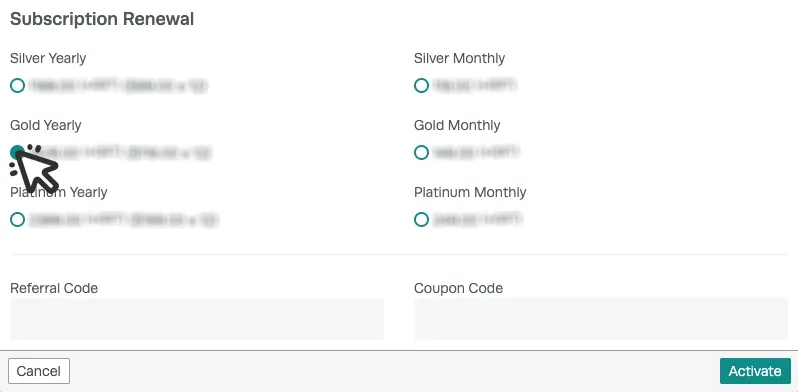 A screenshot of a portion of Workshop Software’s subscription activation popover, highlighting the Subscription Renewal Options. A mouse cursor indicating a click is pointed over the Gold Yearly subscription.