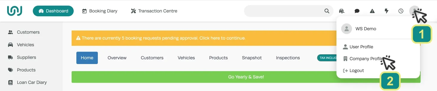 A screenshot of the top menu of Workshop Software. Numbered cursors indicate to click the right hand circular user icon and then to select Company Profile in the drop down menu.