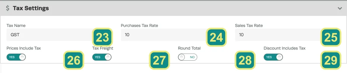 A numbered screenshot of the Tax Settings card.