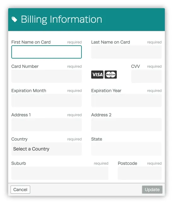 A screenshot of Workshop Software’s Billing Information pop up.