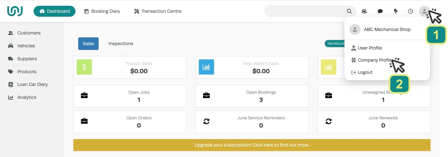 The Workshop Software dashboard. Numbered cursors indicate to click the head shaped User icon then the Company Profile option in the drop down menu.