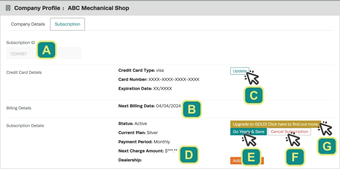 A screenshot of the Subscription tab of a user’s Company Profile. Options are indicated with letters.