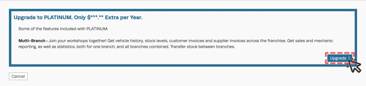 A screenshot of the confirmation page shown when a user upgrades their Workshop Software Subscription.