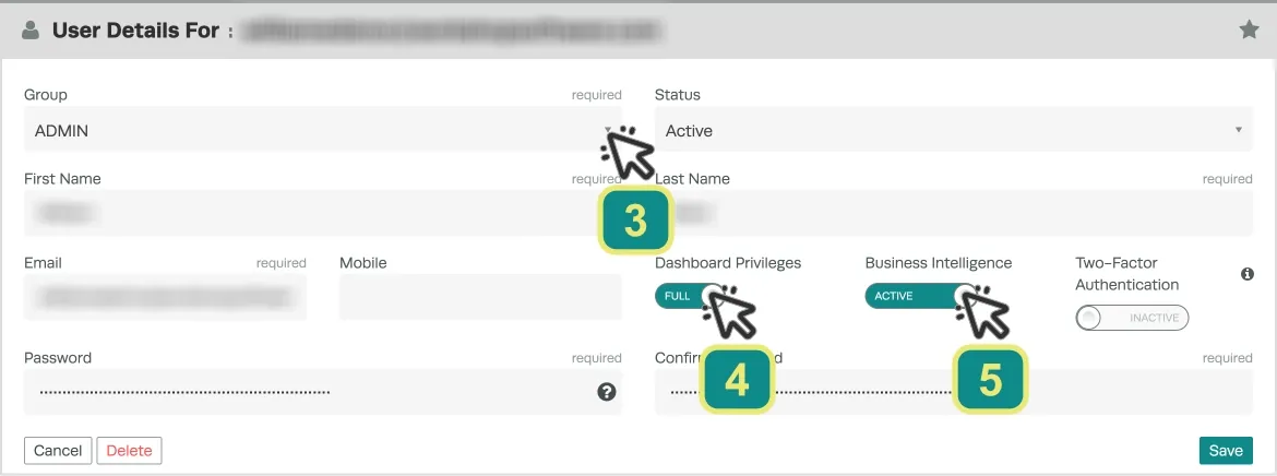 A cropped image of the User Details settings page inside Workshop Software. Three numbered cursors indicate a click on 3. Group, 4. Dashboard Privileges and 5. Business Intelligence.