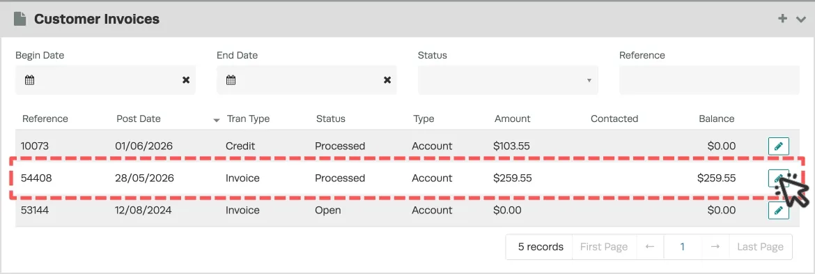 A screenshot of a Customer’s Invoice list, one invoice is highlighted.