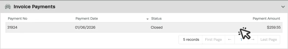 A screenshot of a Payment attached to an Invoice, a cursor indicates a click.