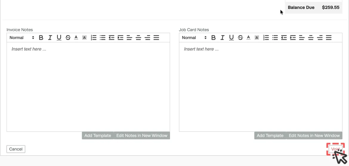 A cropped screenshot of the lower section of an processed Invoice, the Void button is highlighted.