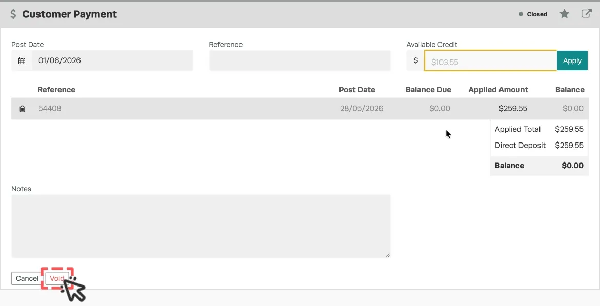 A screenshot of a Payment, the Void button is highlighted