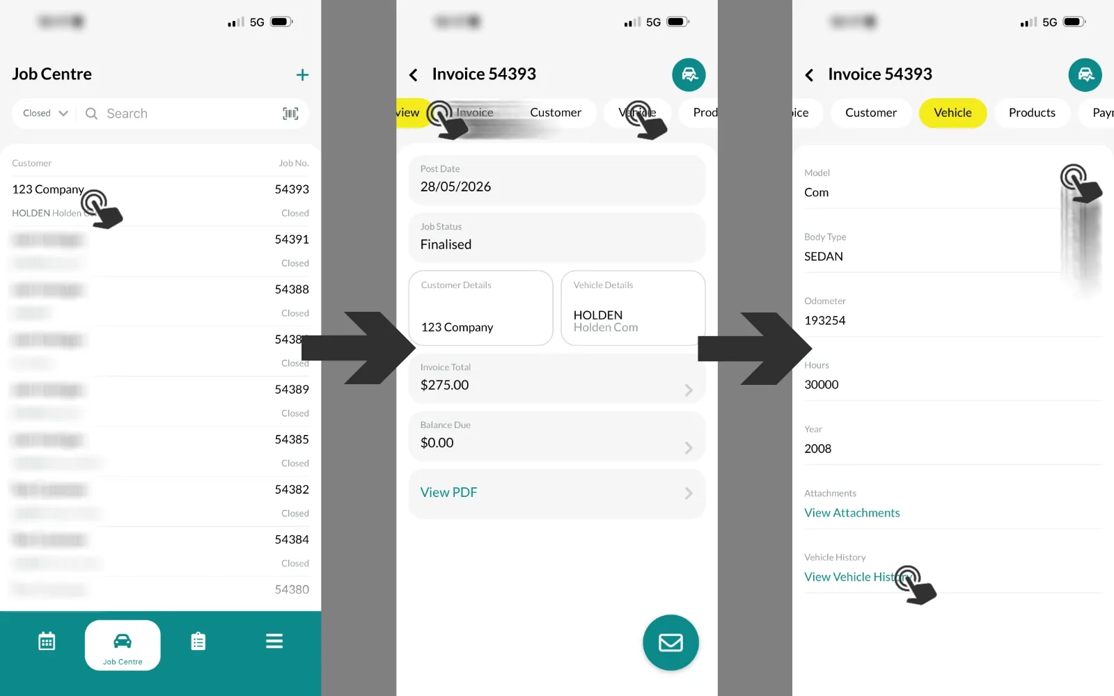 Three screenshots of Workshop Software’s mobile App. The image shows tapping a Job in the Job Centre, selecting the Vehicle Tab and choosing the View Vehicle History option in the Vehicle page.