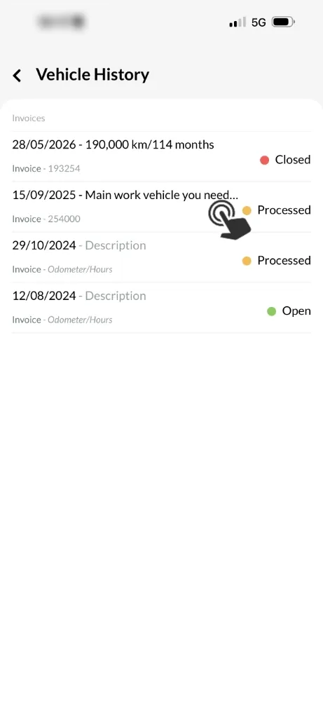 A screenshot of Workshop Software’s Mobile App. It shows a list of Vehicle History items with their current status.