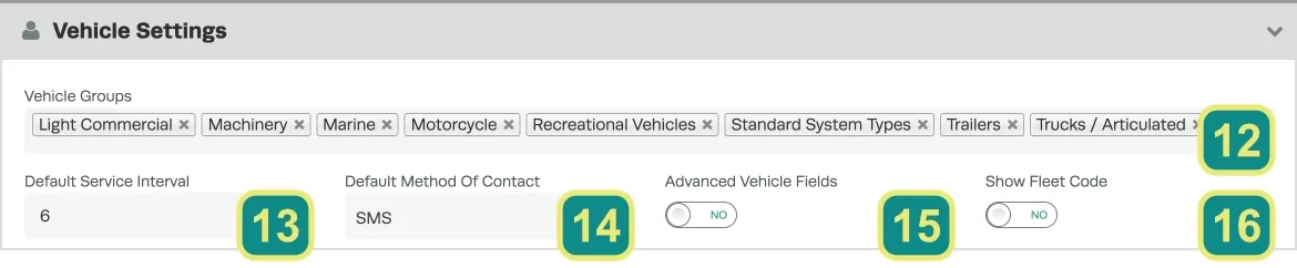 A numbered screenshot of the Vehicle Settings card.