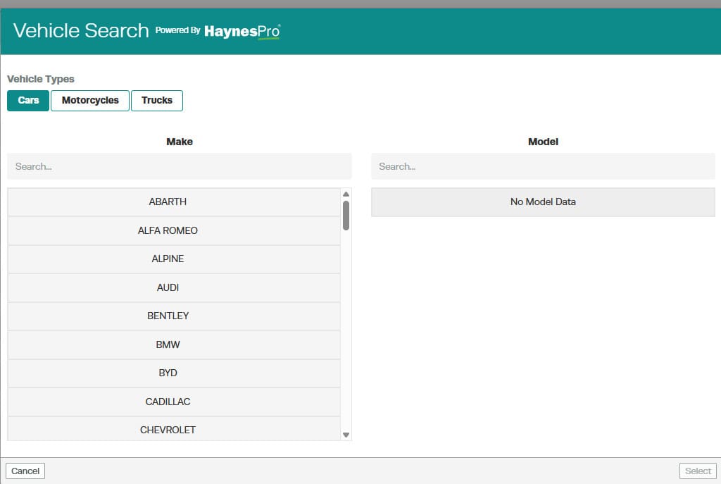Vehicle type selection in Workshop Software