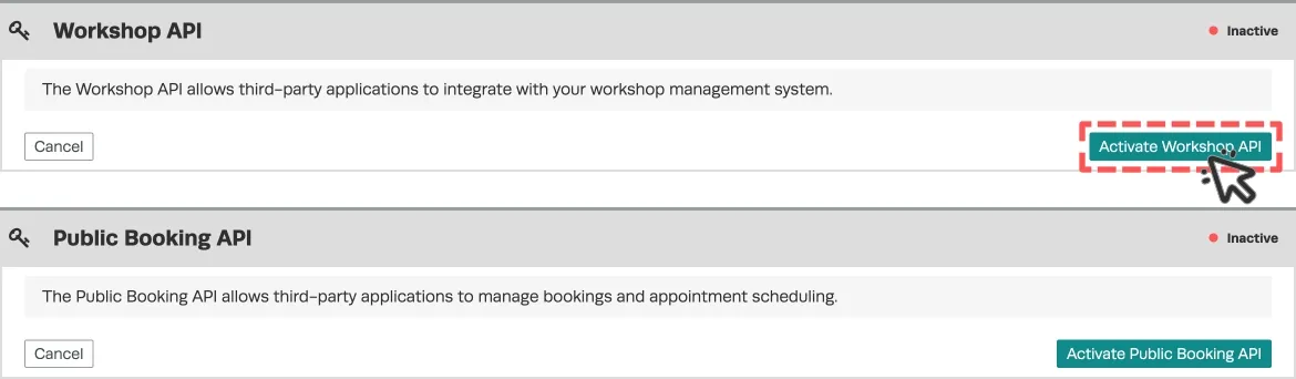A Screenshot of the API page, the Workshop API card’s Activate Workshop API button is highlighted.