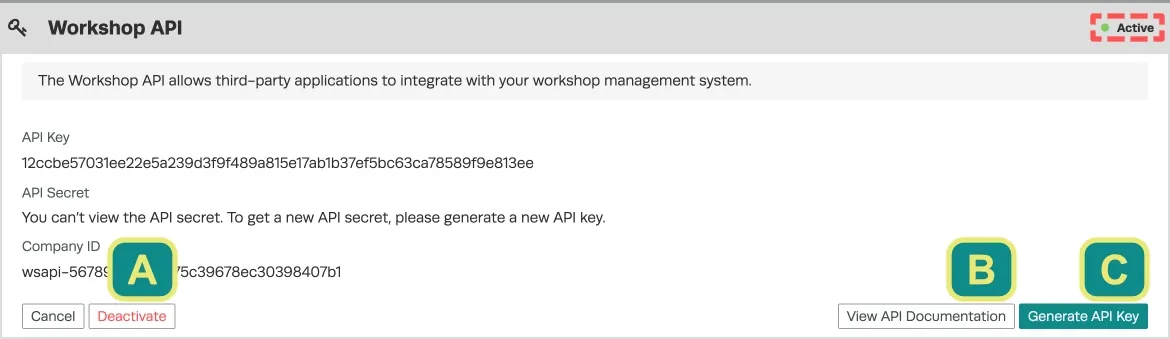 A screenshot of an active Workshop API Card. The Deactivate, View API Documentation and Generate API Key buttons are marked with letters.