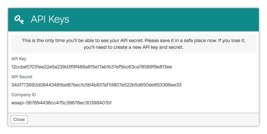 A screenshot of the API Keys pop up that shows when the Workshop API is first activated or if a new API Key is generated.