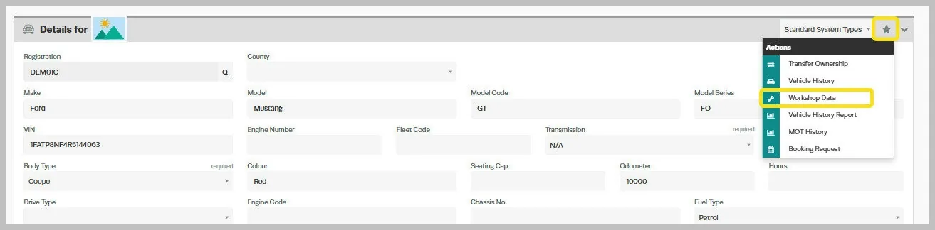 A screenshot of a Vehicle’s card. The Start icon is highlighted and the Workshop Data entry in its Menu.