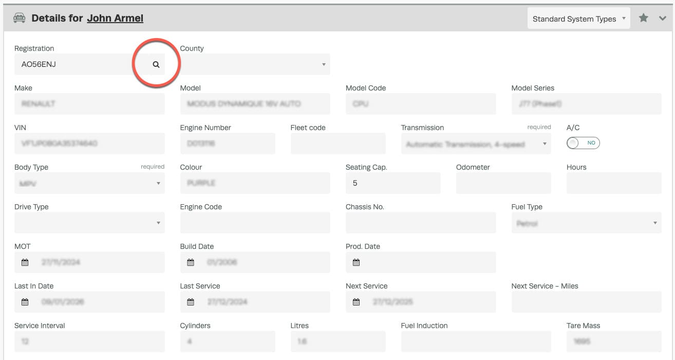 Workshop Software screen showing start by typing the vehicle registration, then click the magnifying glass ico…