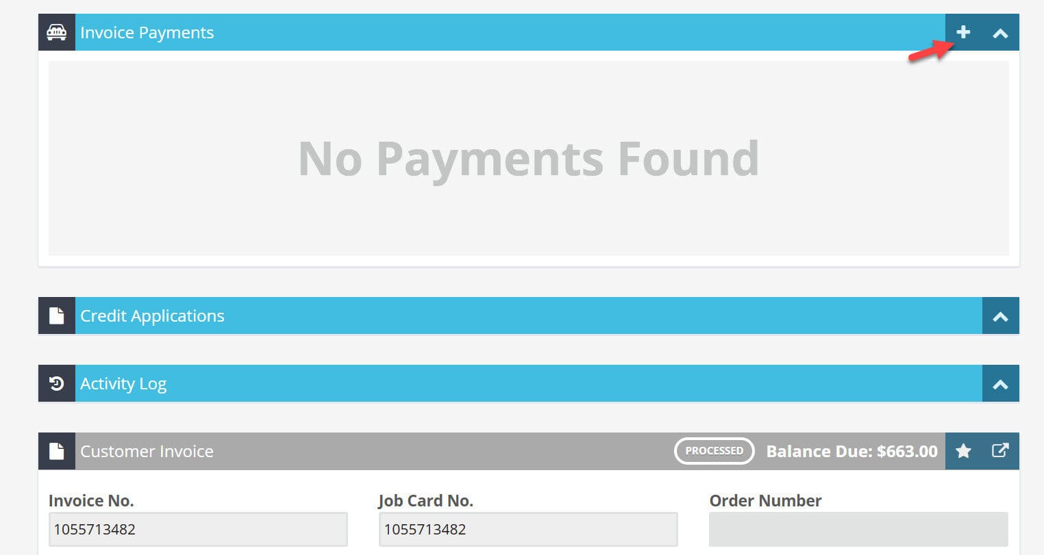 Workshop Software processing split credit card payments showing plus sign (+) next to customer payment