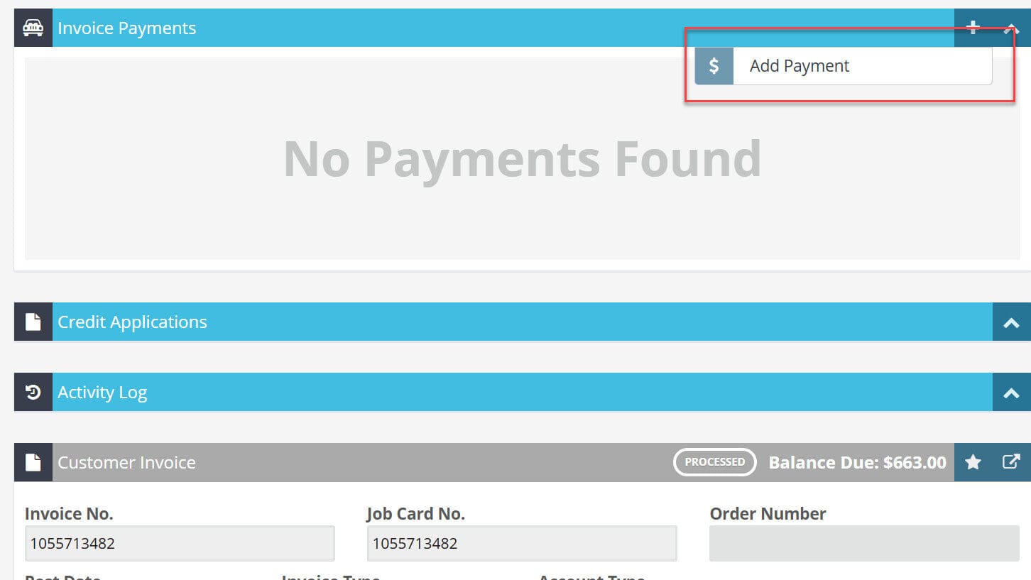 Workshop Software processing split credit card payments showing add payment