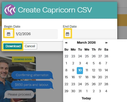 Workshop Software how to manage your customers who pay you via capricorn showing date range by entering a begin date and e…
