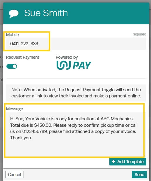 Two-way SMS customer communication in Workshop Software — step 2