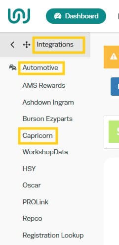 Workshop Software screen showing activate your integration by going into integrations - automotive integration…
