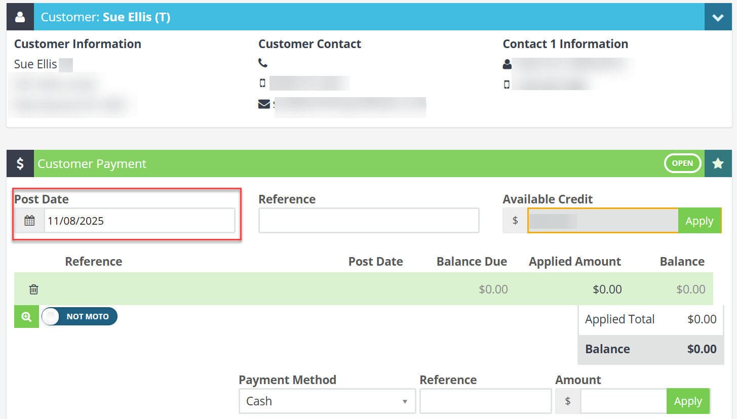 Workshop Software processing split credit card payments showing payment date