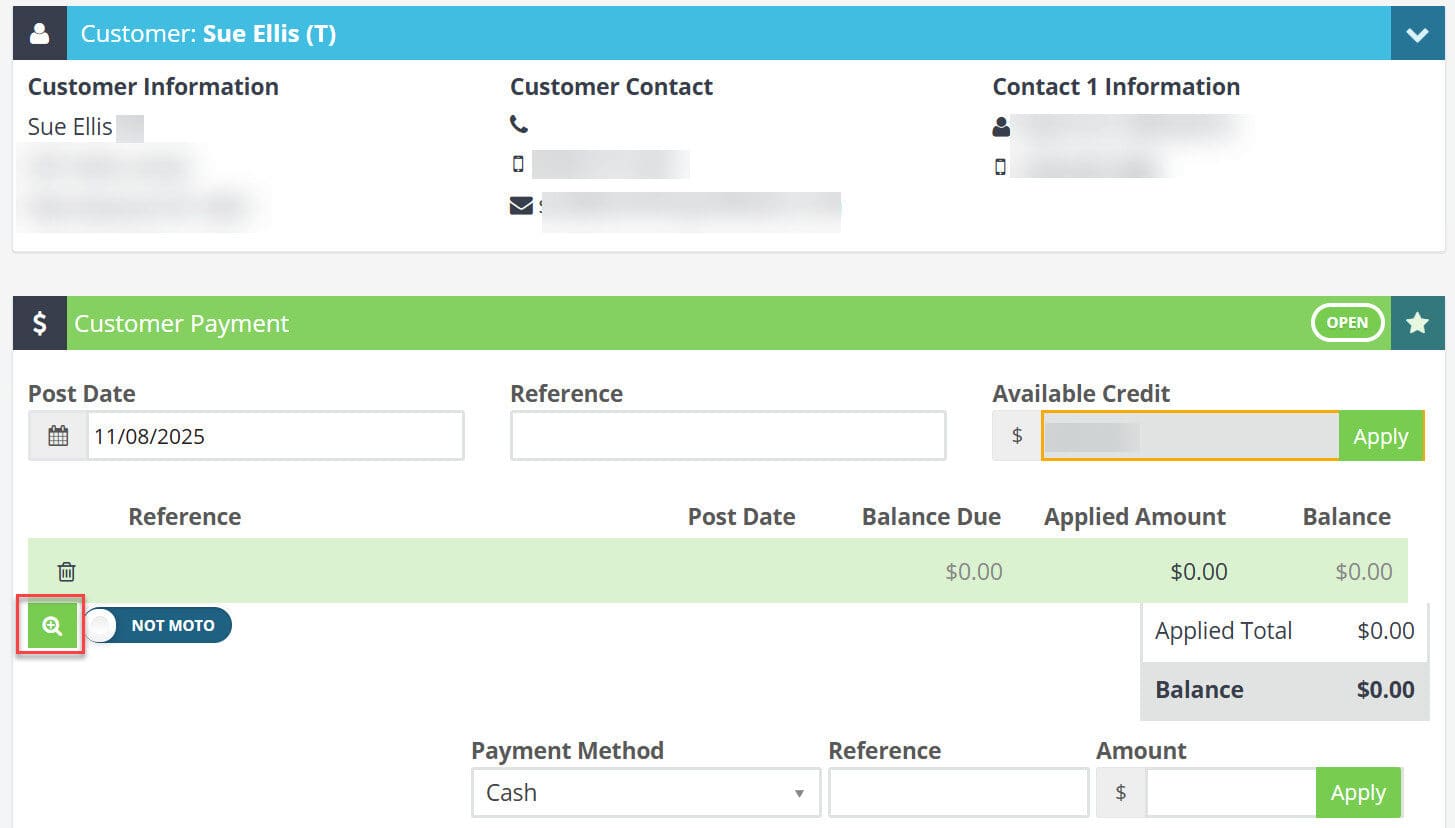 Workshop Software processing split credit card payments showing magnifying glass to select the invoice you are applying th…