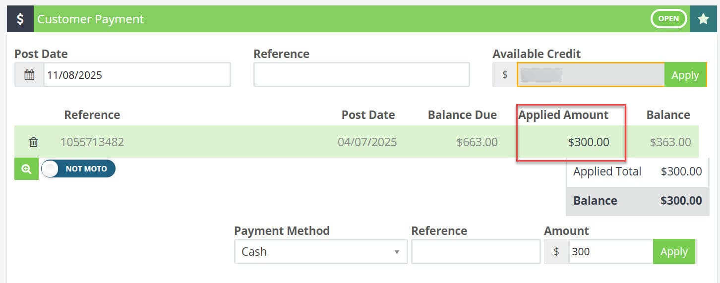 Workshop Software screen showing in the applied amount field, enter the amount the customer is paying