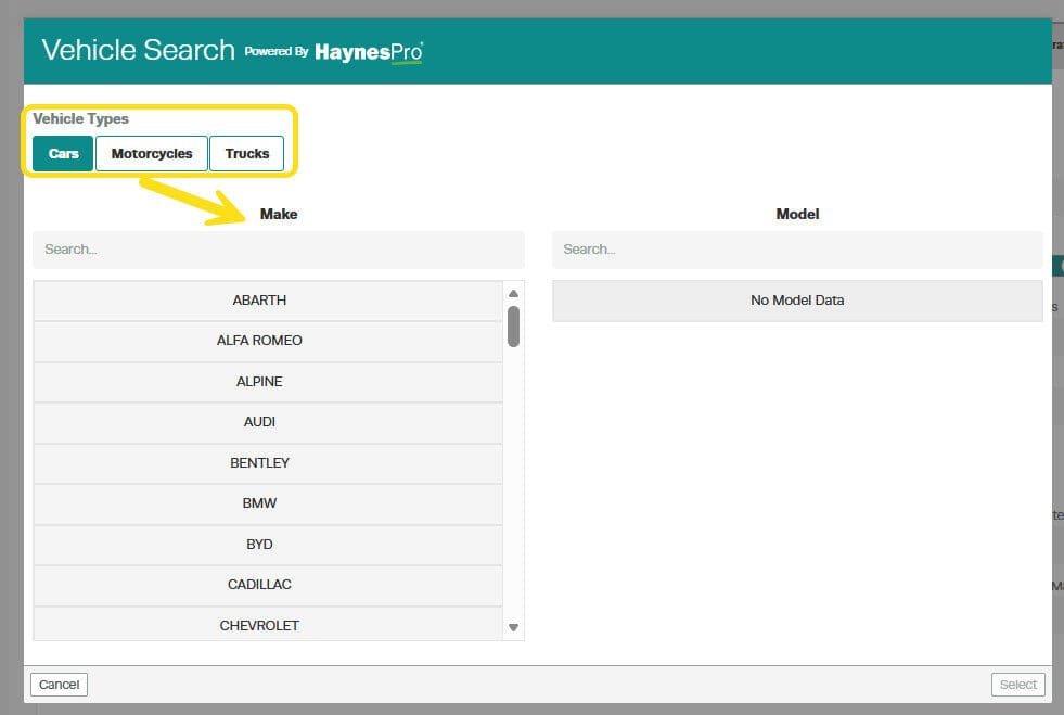 Workshop Software workshopdata make and model search showing through the list under make and select the one you need