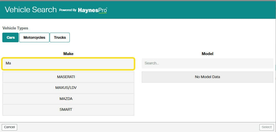 Workshop Software screen showing as you type, the list below will update to match the text you are typing in