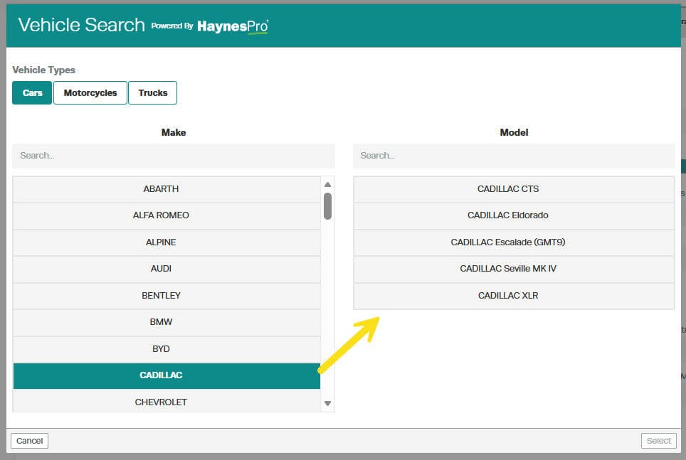 Workshop Software screen showing when you click on a listed make option, the model list will load with matchin…