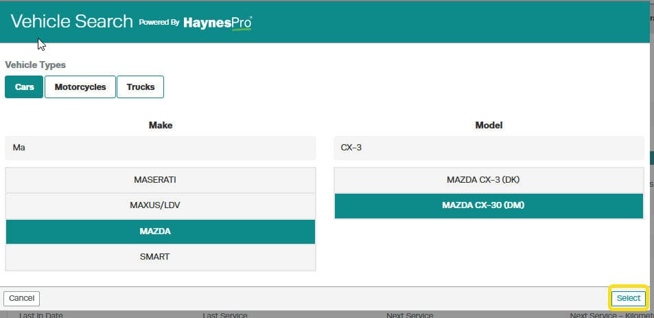 Workshop Software screen showing the select button will only be clickable once you have chosen a make and mode…