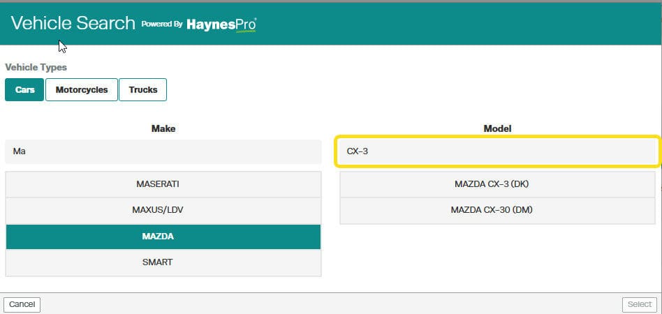 Workshop Software screen showing as you type, the list below will update to match the text you are typing in