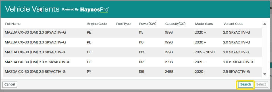 Workshop Software screen showing to choose a different make and model, simply click on the