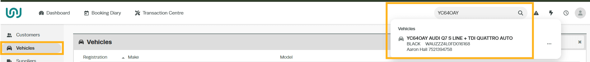 Workshop Software screen showing archive a vehicle go to the vehicle tab or use the universal search to find t…