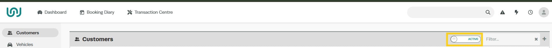 Workshop Software screen showing unarchive a customer go to the customer tab and change the active toggle to i…