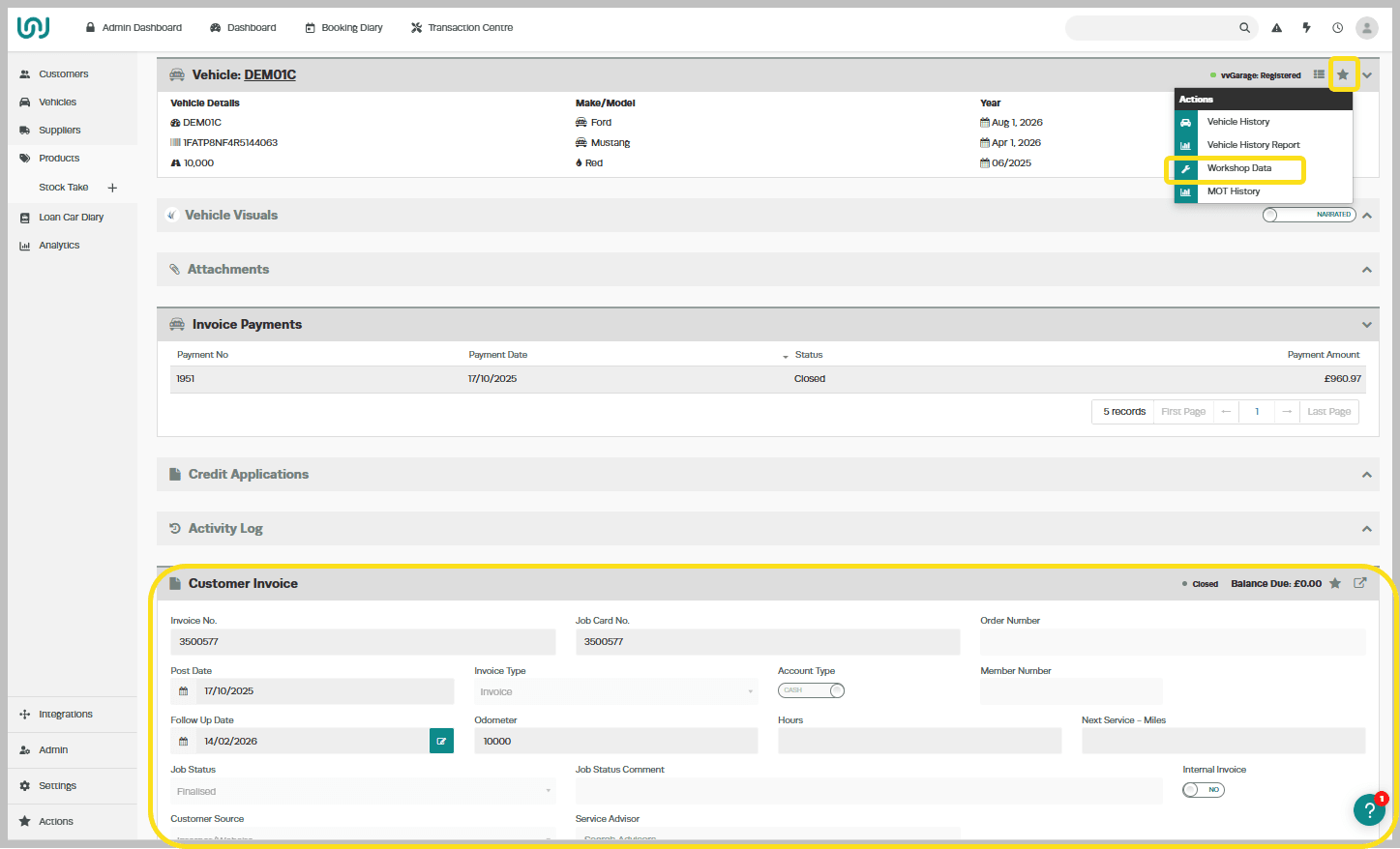 Workshop Software workshopdata for  vehicle, truck or motorcycles showing workshopdata