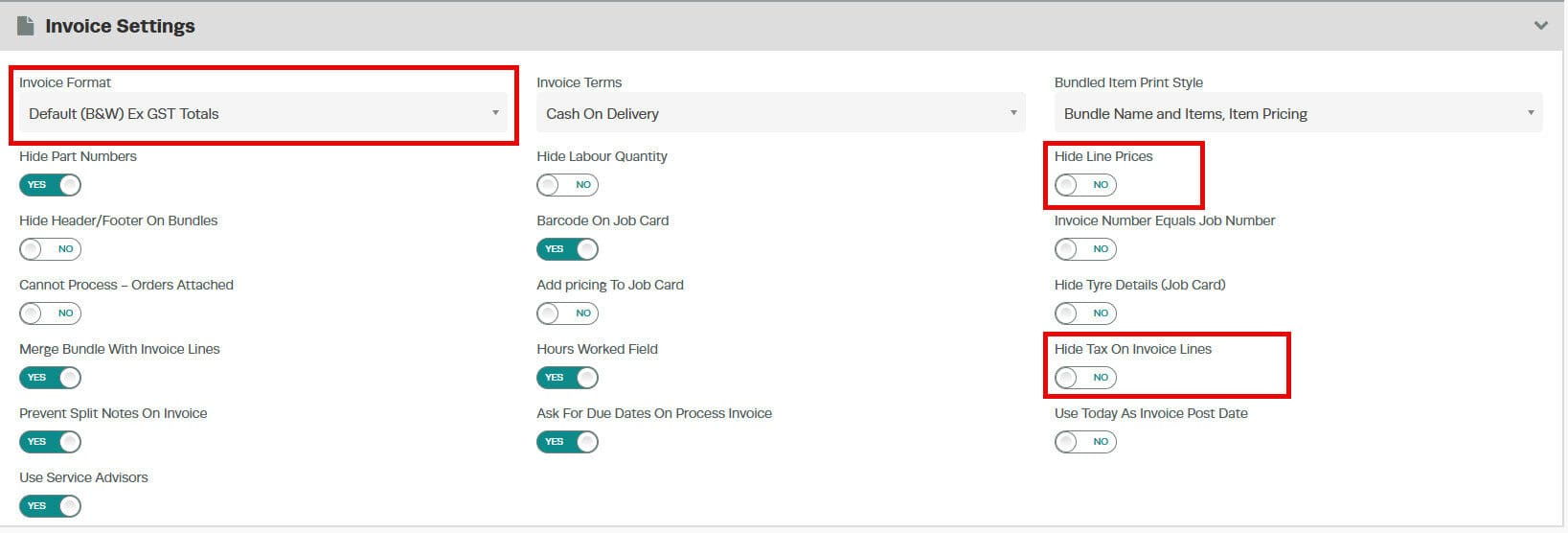 Workshop Software screen showing this invoice format prints invoice with the unit price total showing excludin…